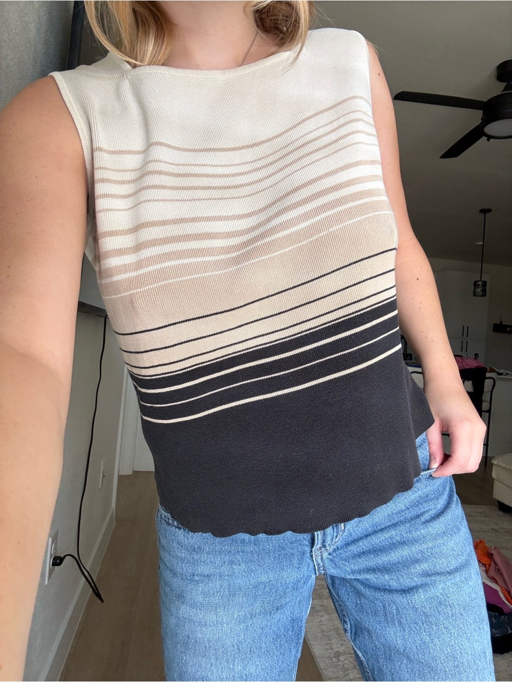 Kate Hill Sleeveless Striped Tank in Cream, Beige & Black